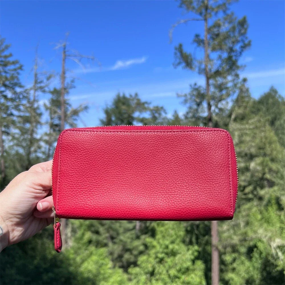 COACH Long Zip-Around Wallet Pebble Leather RED with Gold Hardware AUTHENTIC